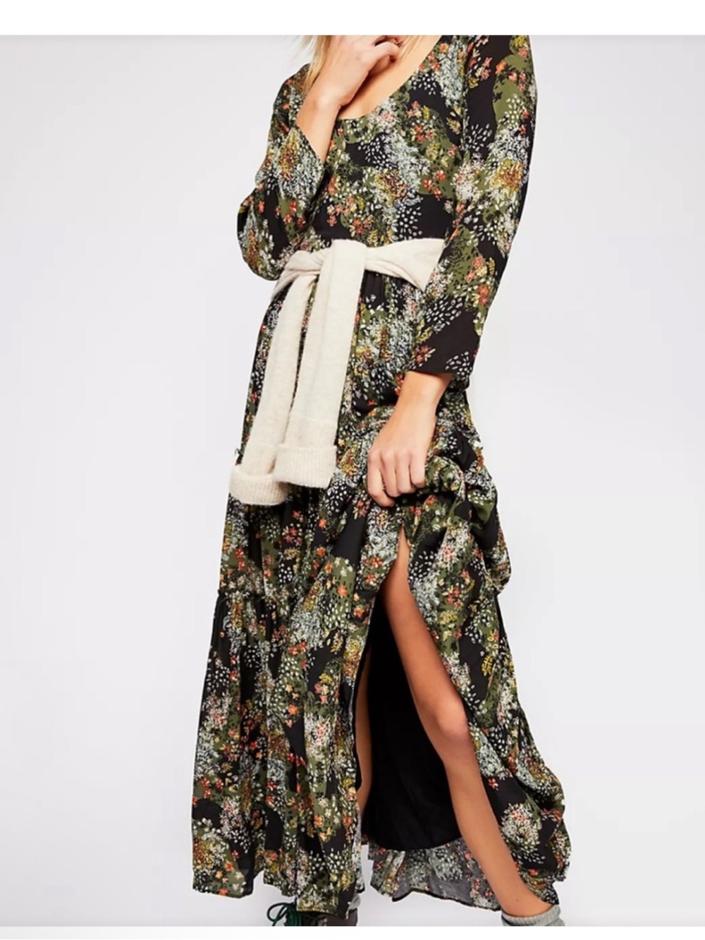 Free People 6 Floral Maxi Dress in Olive & Black